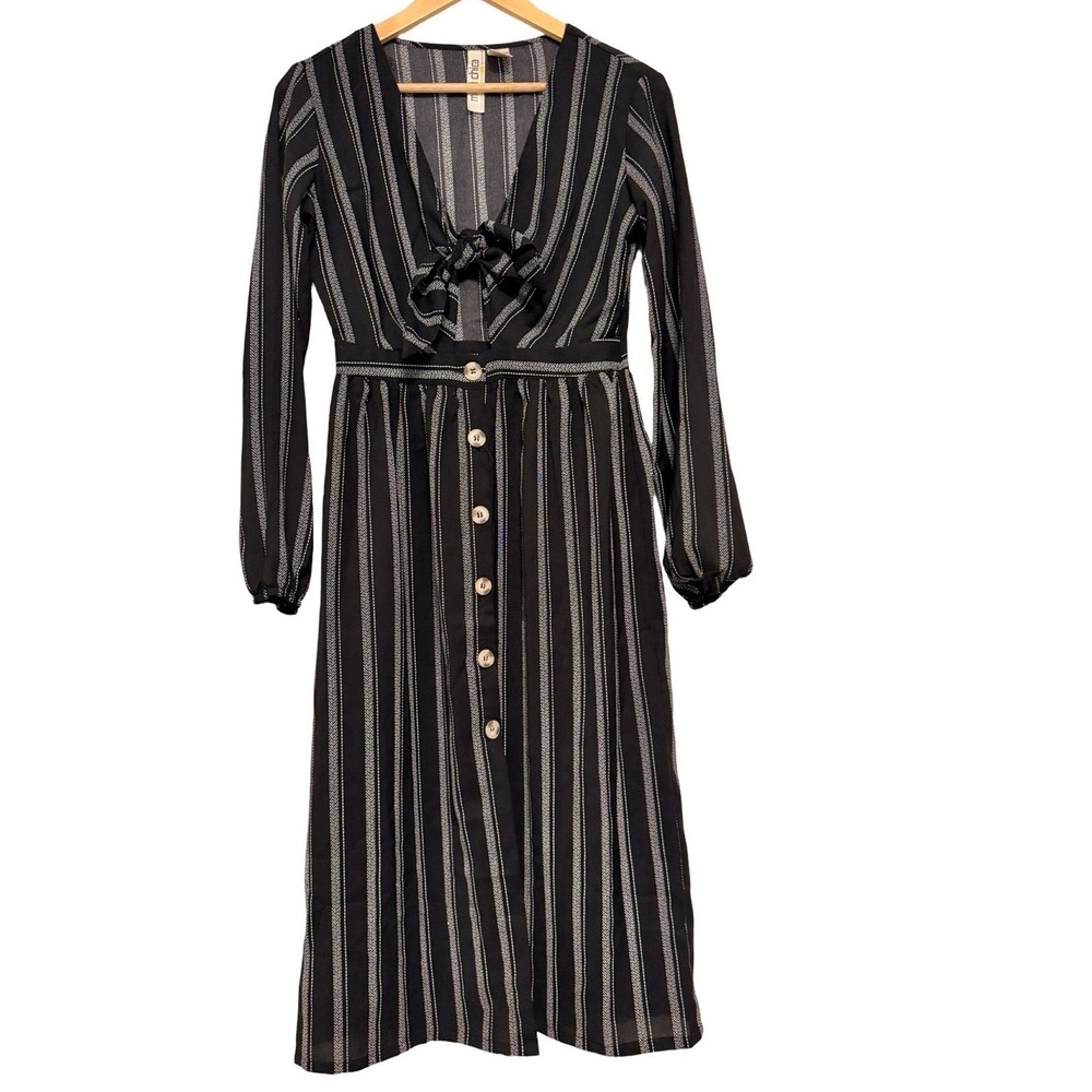 Mimi Chica Striped Tie Front Midi Dress Small Black White Boho Career Casual